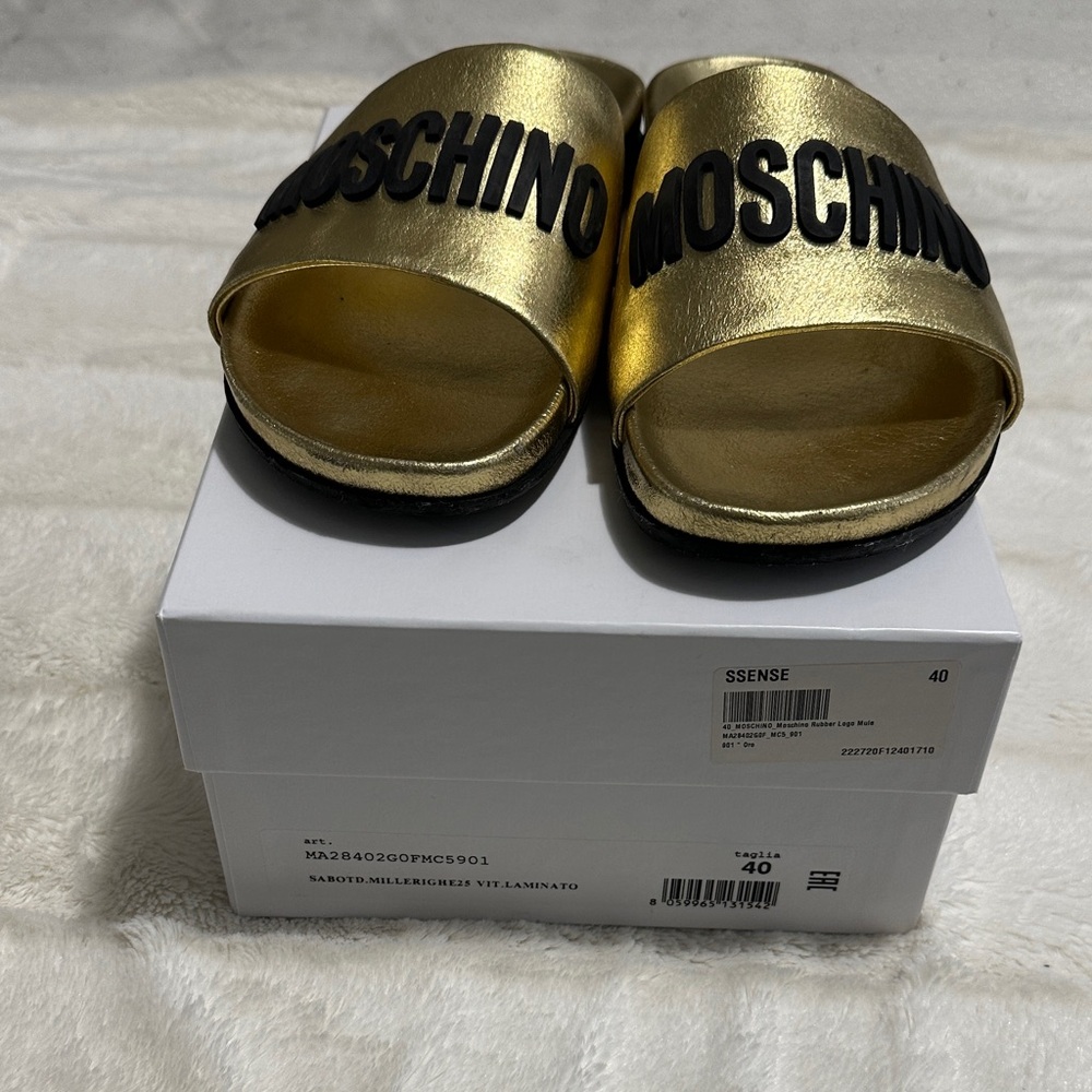 Moschino Metallic Gold Slides with Black Lettering*** SOLD**
